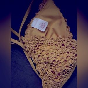 Yellow knit crochet triangular bikini style top with toes around back and neck